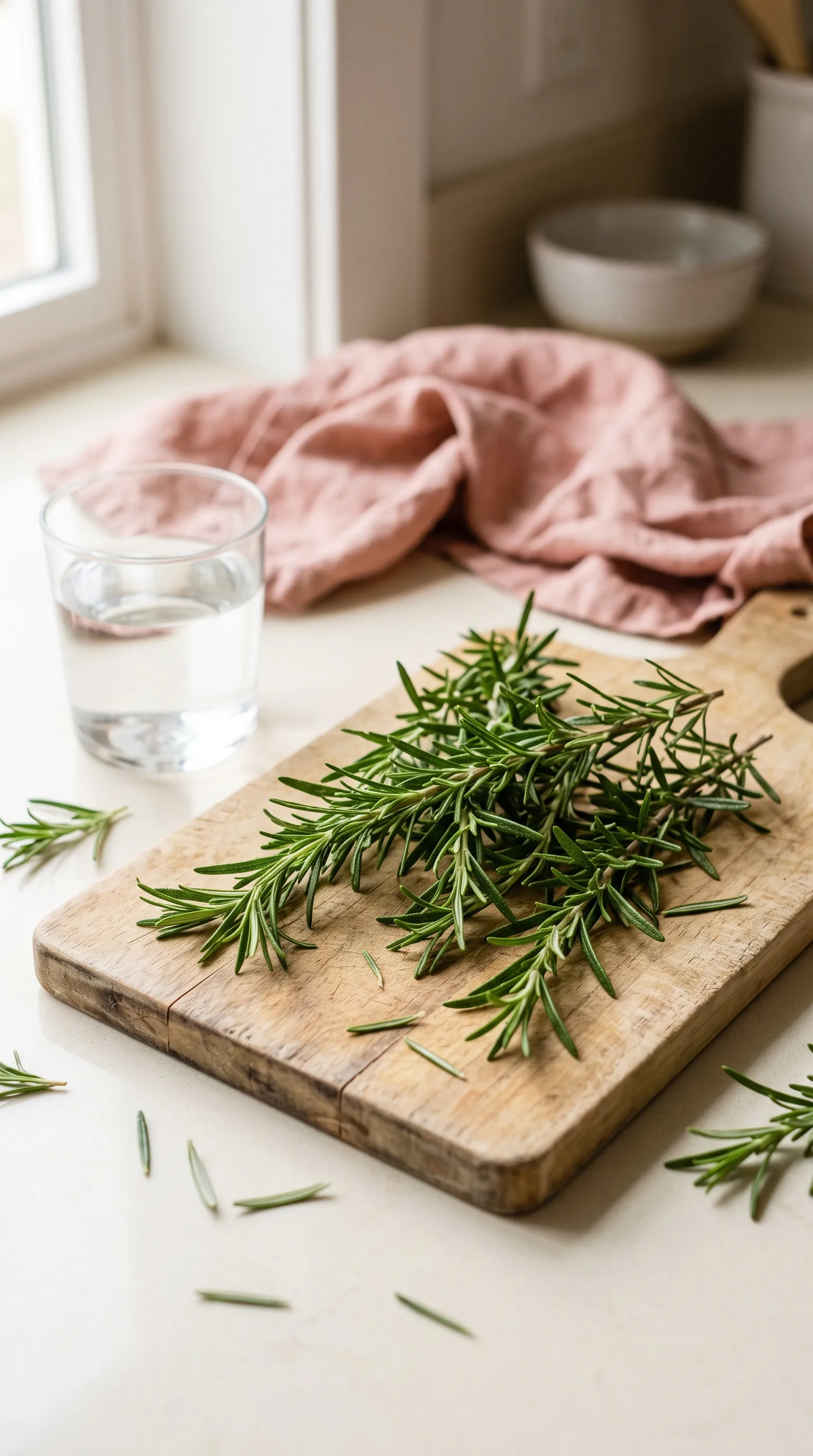 Fresh rosemary sprigs on a wooden cutting board beside a glass of water